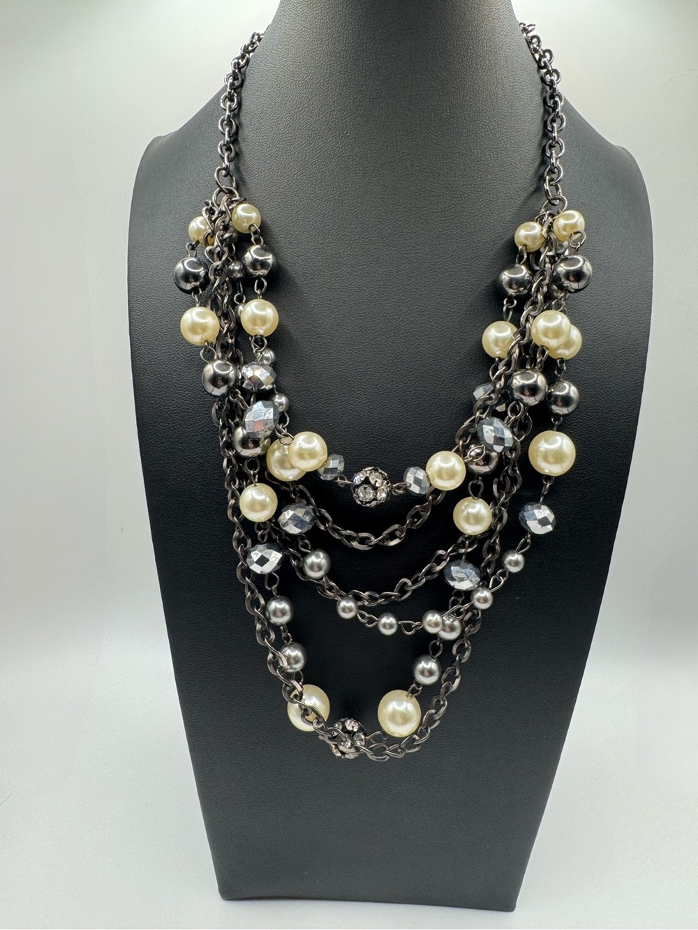 Cynthia Gail Multi-Strand Pearl and Hematite Chain Bib Necklace